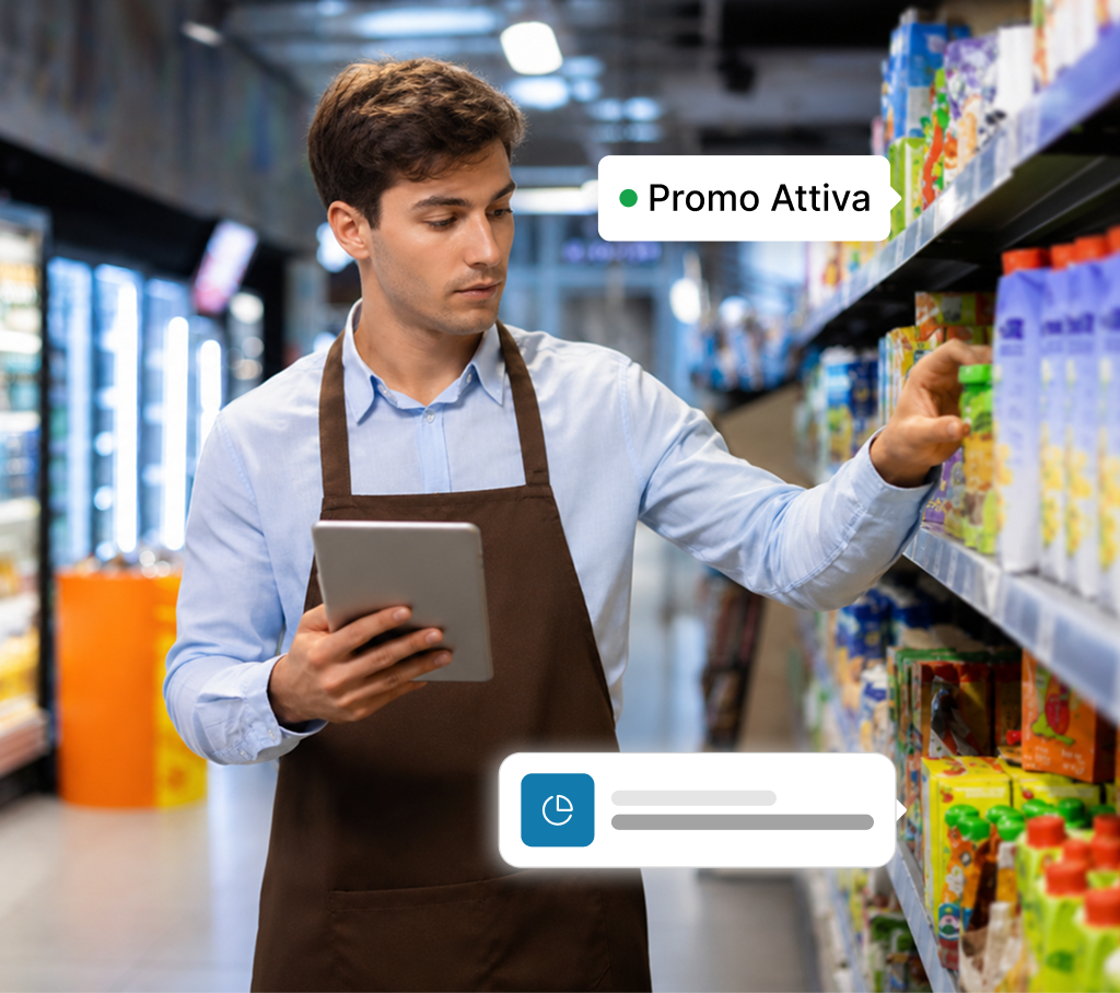 Controllo promozioni a scaffale con overlay campagna attiva