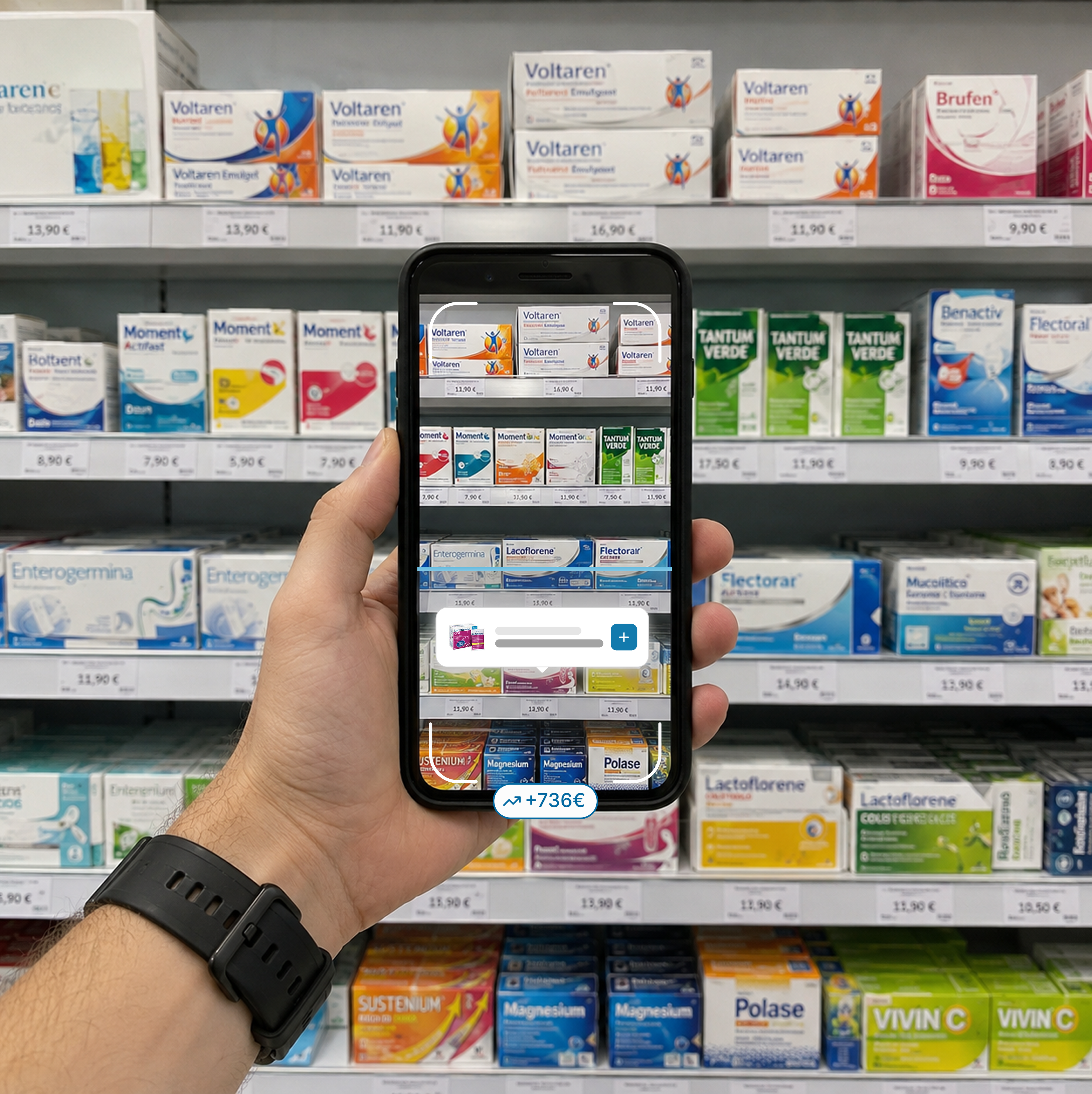 Operatore in farmacia che scansiona lo scaffale con l'app KiTabii